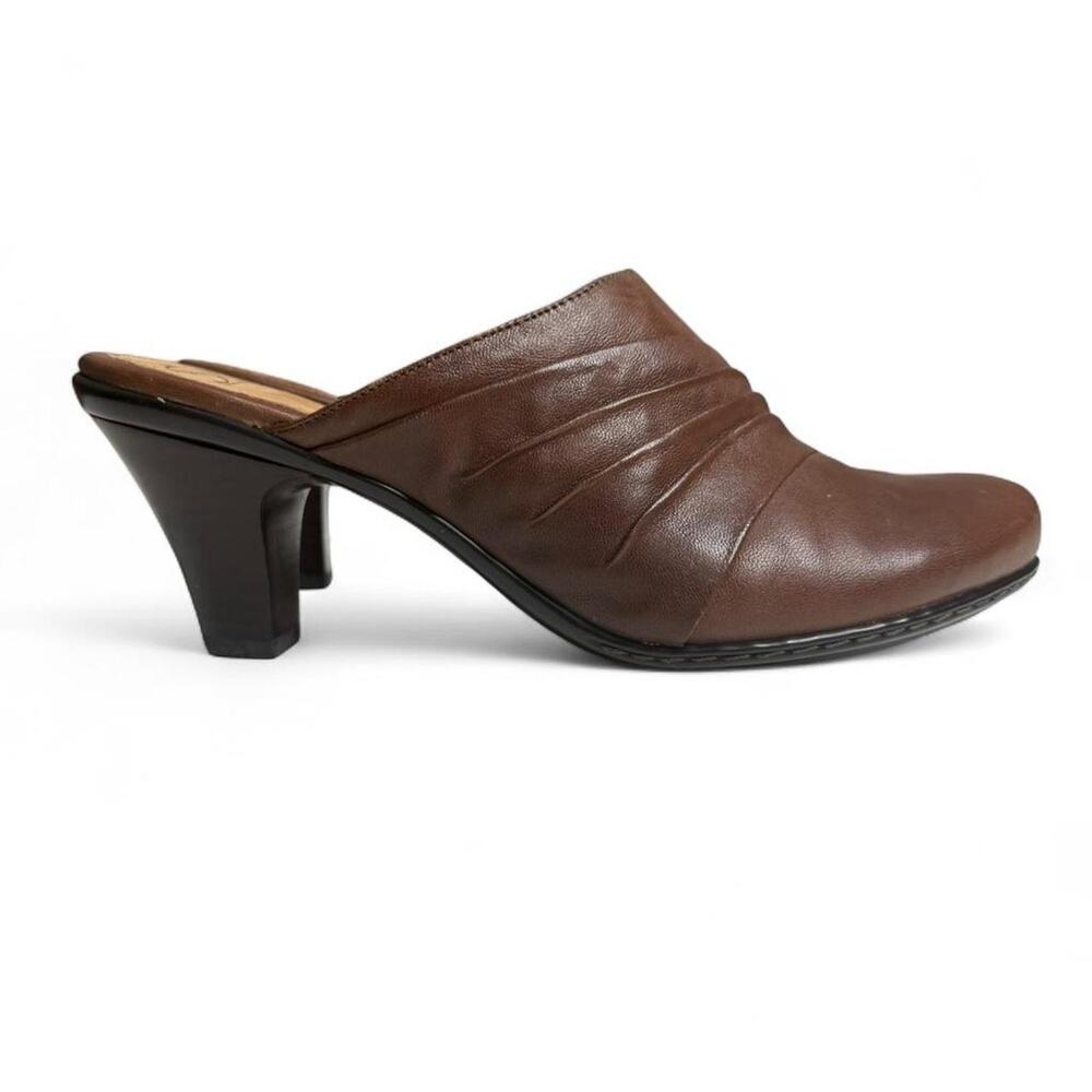 Sofft Brown‎ Leather Mules Sz 8 Heeled Slip-On Comfort Clogs